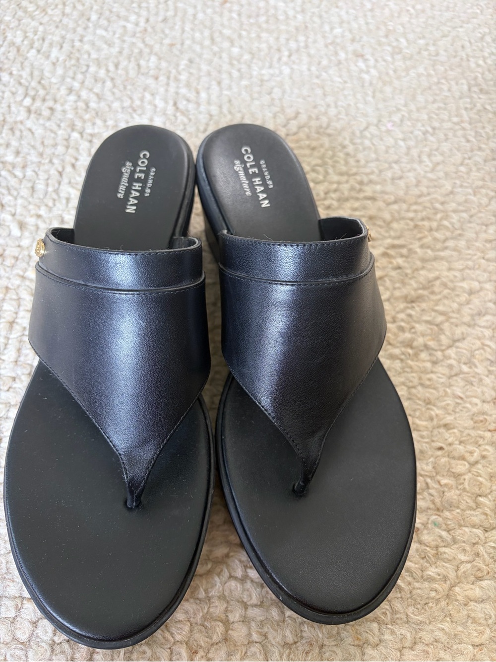 Cole Haan Black Leather Thong Sandals with Wide Strap